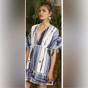 SAYLOR Blue and White Striped Dress with Pom Poms